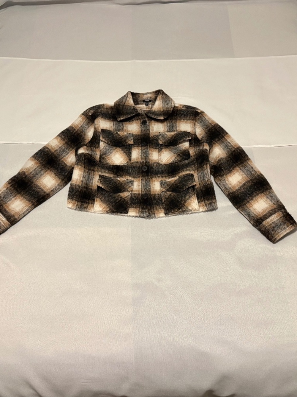 Express Women's Cropped Plaid Shacket Jacket Brown Black Cream Size S